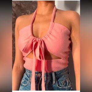 SAINTS + SECRETS HALTER TOP Pink bow bodysuit summer pool beach size medium NWT!